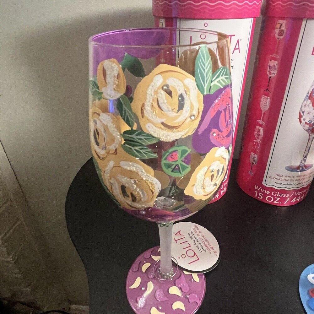 LOLITA Hand Painted Wine Glass  Purple And Yellow “Coming‎ Up Roses” - Picture 2 of 9